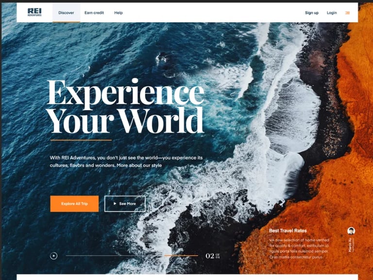 REI website homepage featuring coastal ocean waves and volcanic orange rock with Experience Your World tagline and adventure booking options
