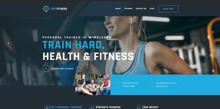 Fitness website homepage featuring a woman training in a gym with navigation menu and call-to-action button for personal trainer services