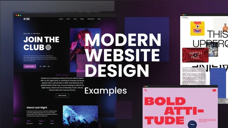 Collection of modern website design examples featuring dark and colorful layouts with bold typography and gradient backgrounds