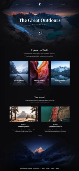 The Great Outdoors website homepage featuring mountain landscape photography, navigation menu, and content sections for exploration and travel journal articles