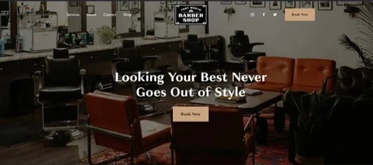 Interior barbershop with vintage decor, red leather chairs, and text reading Looking Your Best Never Goes Out of Style