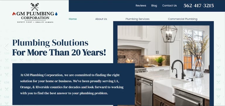 AGM Plumbing website homepage showcasing their services with a modern kitchen sink and faucet background