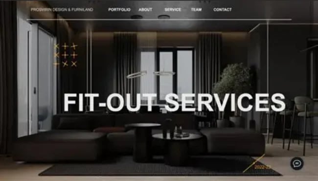 Modern luxury living room with dark furniture, pendant lighting, and floor-to-ceiling windows with text overlay reading FIT-OUT SERVICES